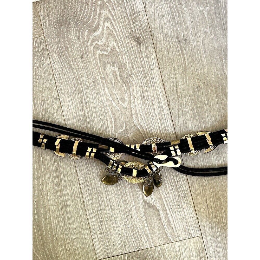 Boho Statement Belt Gold Metallic Concho Medallion Festival One Size Acorn Charm - Picture 8 of 8